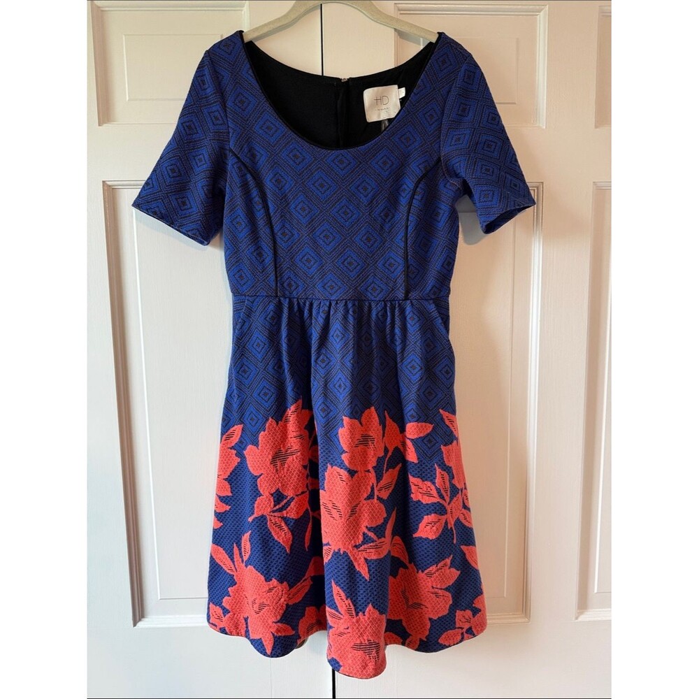 Anthropologie HD in Paris Blue Black Coral Fit Flare Scoop Neck Dress Small